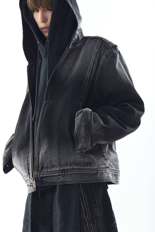 BLEACHED DENIM HOODIE ZIP-UP JACKET