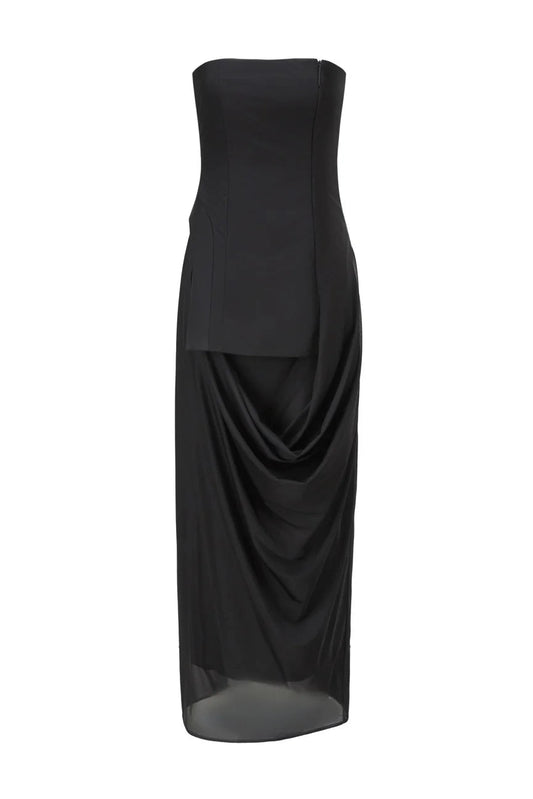 DETACHABLE SIDE-SPLIT DRAPED STRAPLESS MAXI DRESS