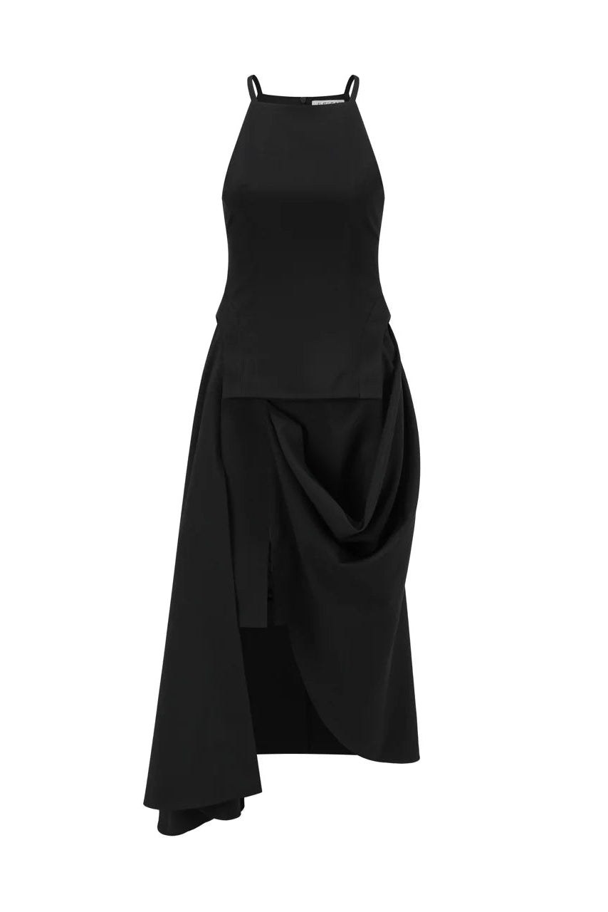 DETACHABLE HIGH SQUARE NECK CAMISOLE ASYMMETRIC DRAPED MAXI DRESS SET