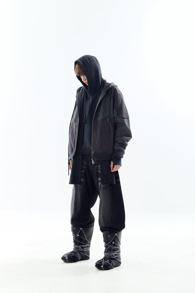 DESTROYED LEATHER AND LINEN HOODIE ZIP-UP JACKET