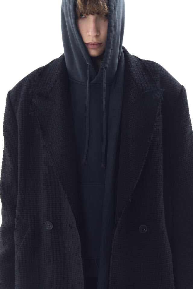 EMBOSSED RAW-EDGE LONG DOUBLE COAT