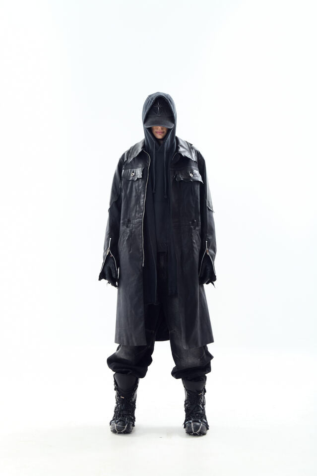 LAMBSKIN COATED DENIM MIXED LONG COAT