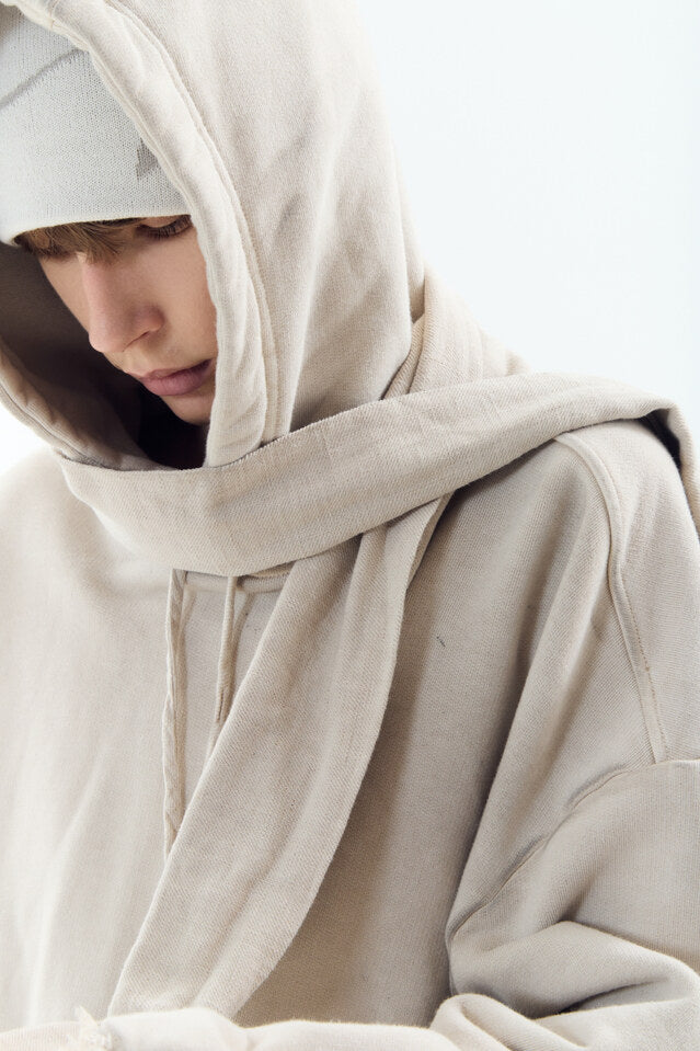DYED RAW-EDGED HOODIE WITH LINEN MUFFLER IVORY