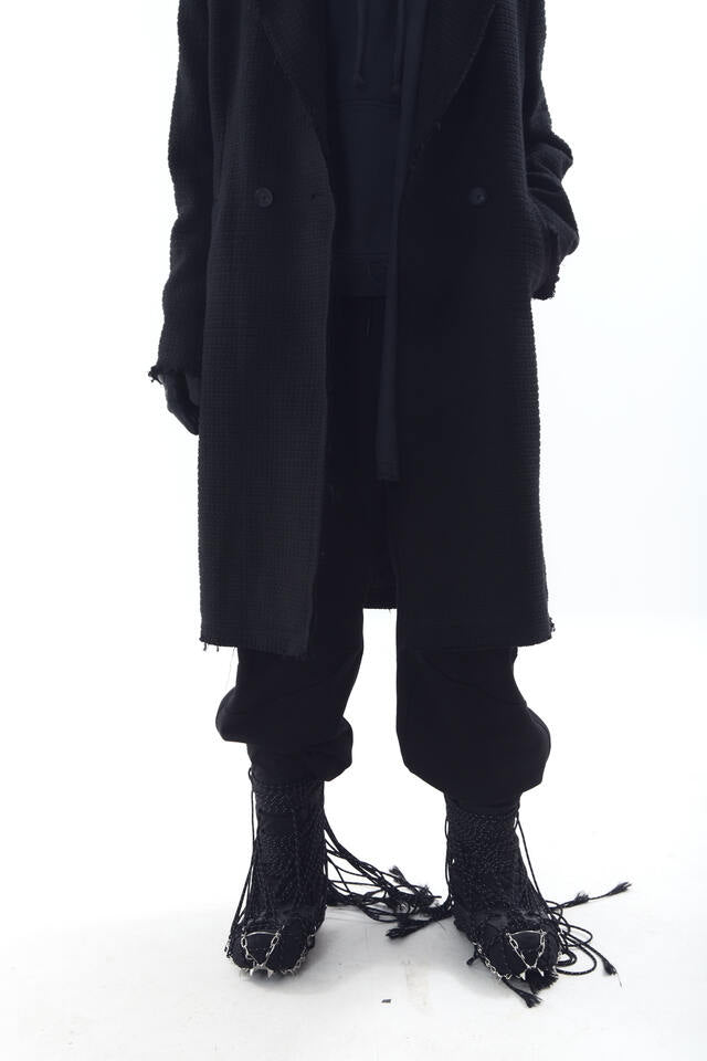 EMBOSSED RAW-EDGE LONG DOUBLE COAT