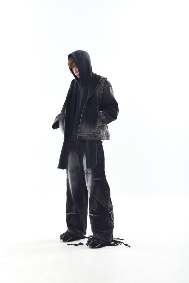 BLEACHED DENIM HOODIE ZIP-UP JACKET