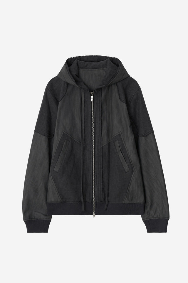 DESTROYED LEATHER AND LINEN HOODIE ZIP-UP JACKET