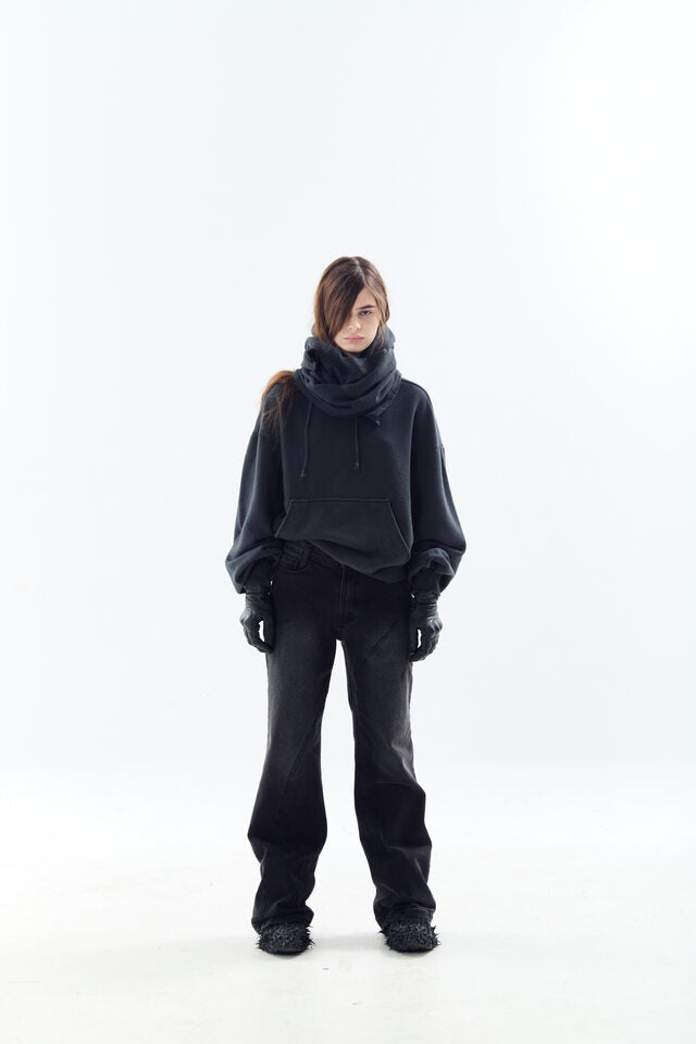 DYED RAW-EDGED HOODIE WITH LINEN MUFFLER BLACK