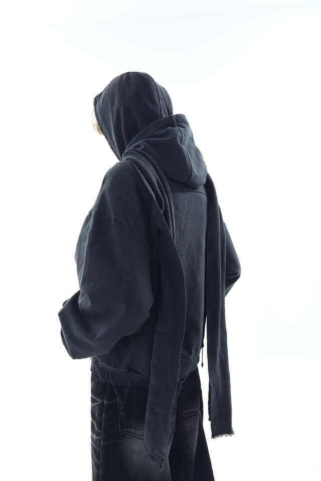DYED RAW-EDGED HOODIE WITH LINEN MUFFLER BLACK