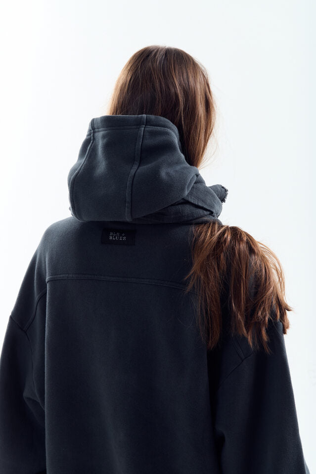 DYED RAW-EDGED HOODIE WITH LINEN MUFFLER BLACK