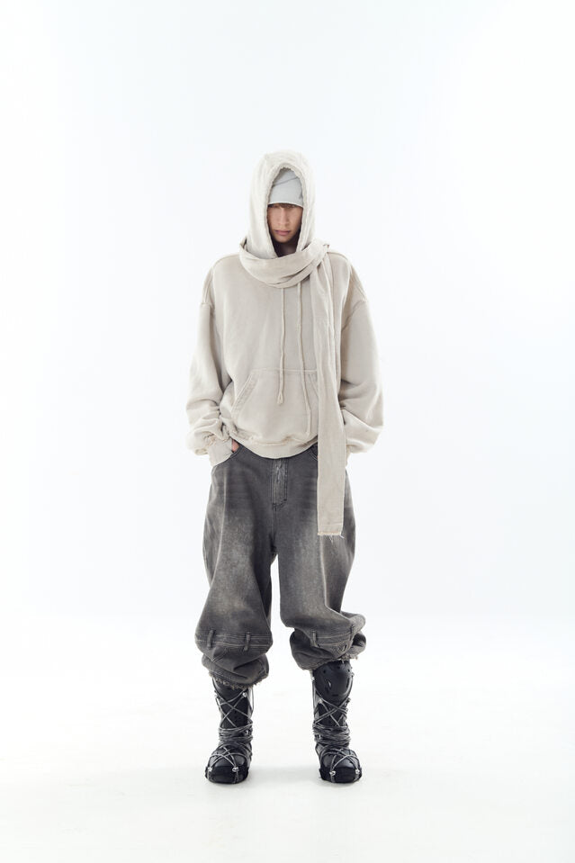 DYED RAW-EDGED HOODIE WITH LINEN MUFFLER IVORY