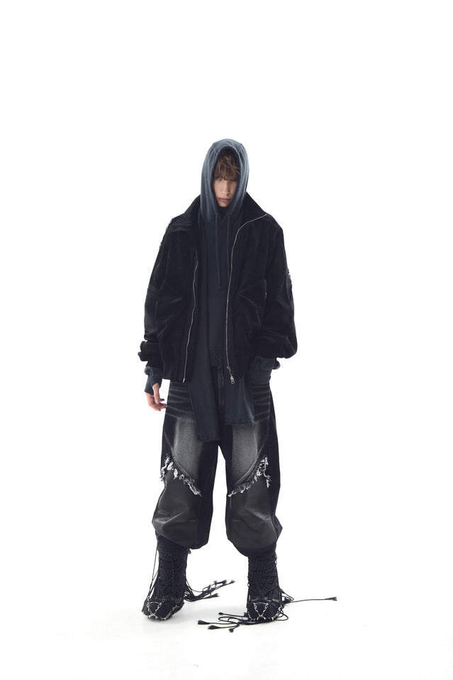 WIDE HEAVY WASHING WITH LEATHER PANTS