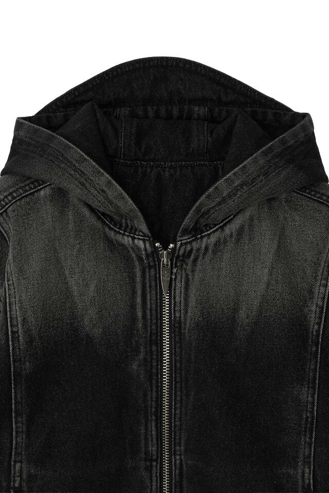 BLEACHED DENIM HOODIE ZIP-UP JACKET