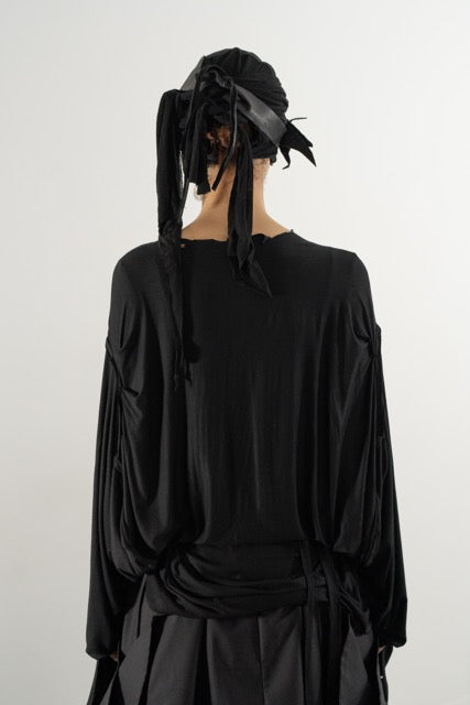 DESTROYED PLEATED LONG SLEEVE TOP BLACK