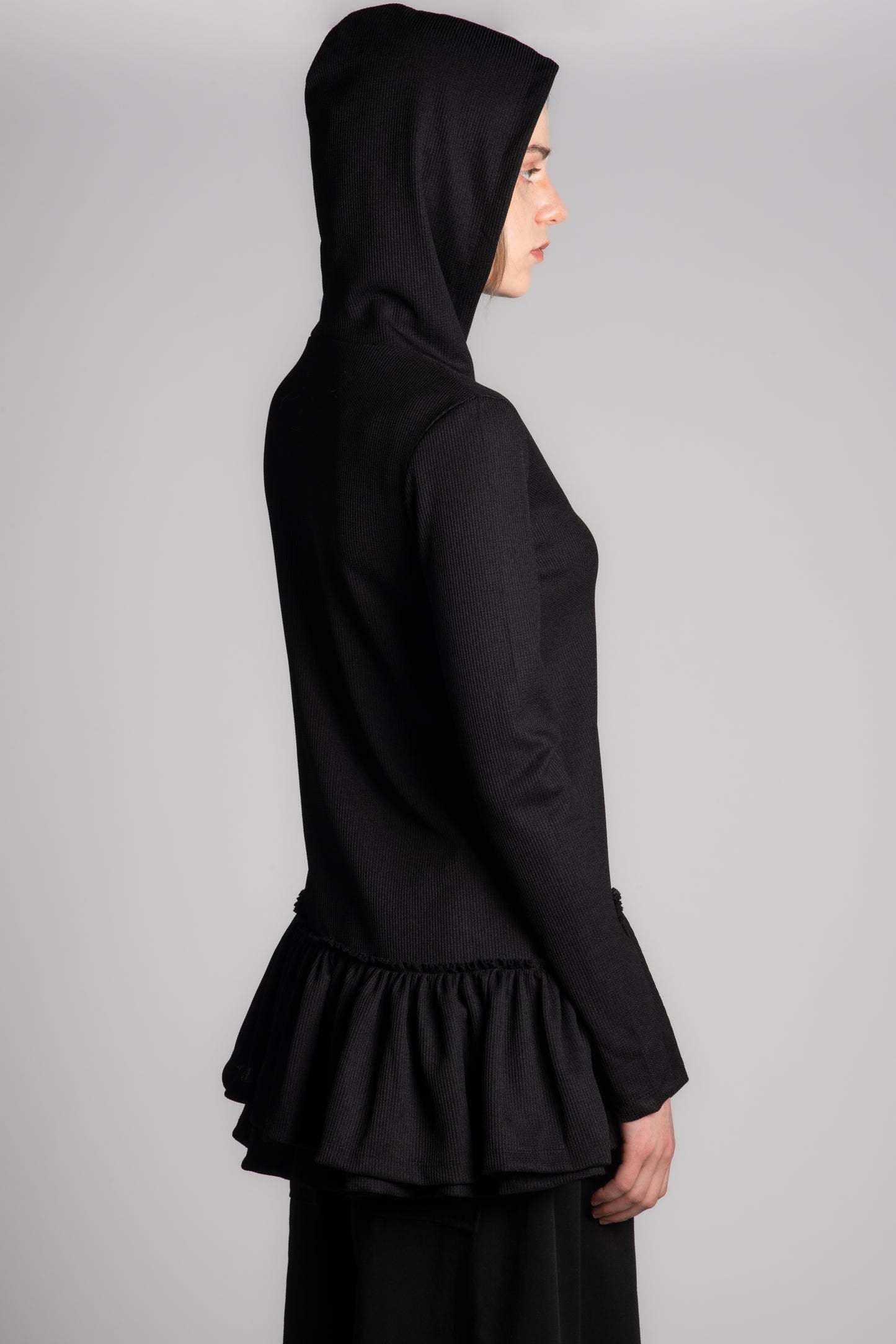 BLACK WAFFLE SKIRT HOODIE