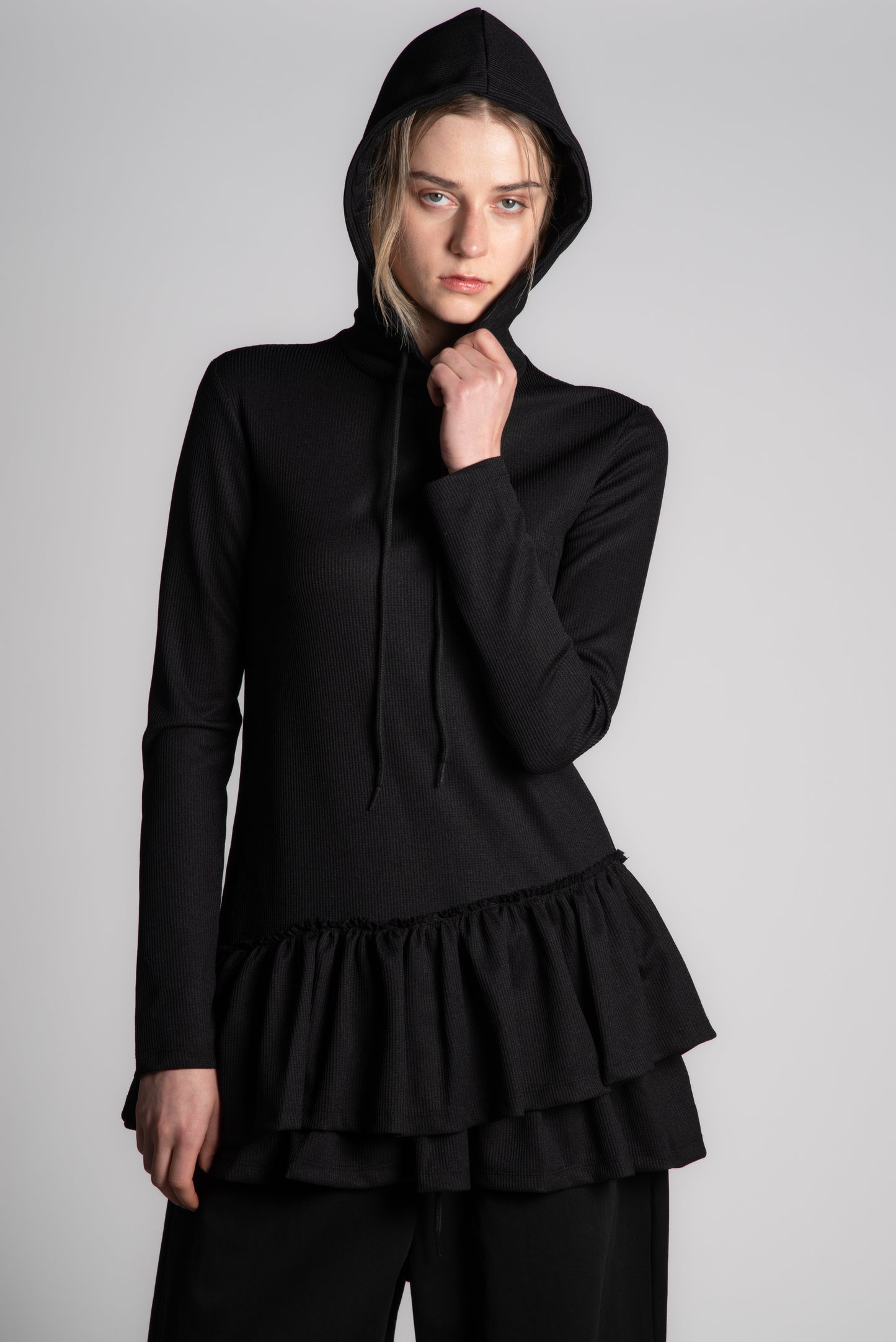 BLACK WAFFLE SKIRT HOODIE