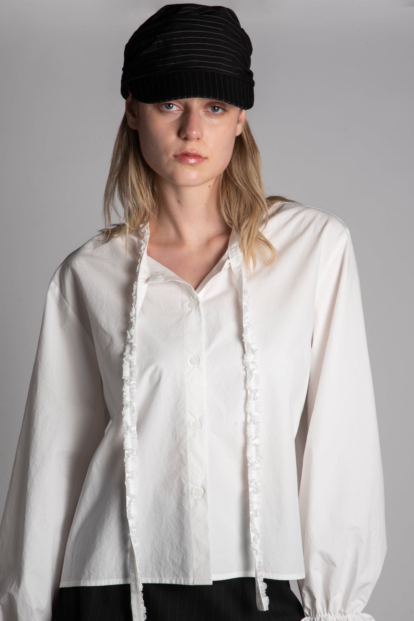 WHITE RUFFLE TIE COTTON SHIRT
