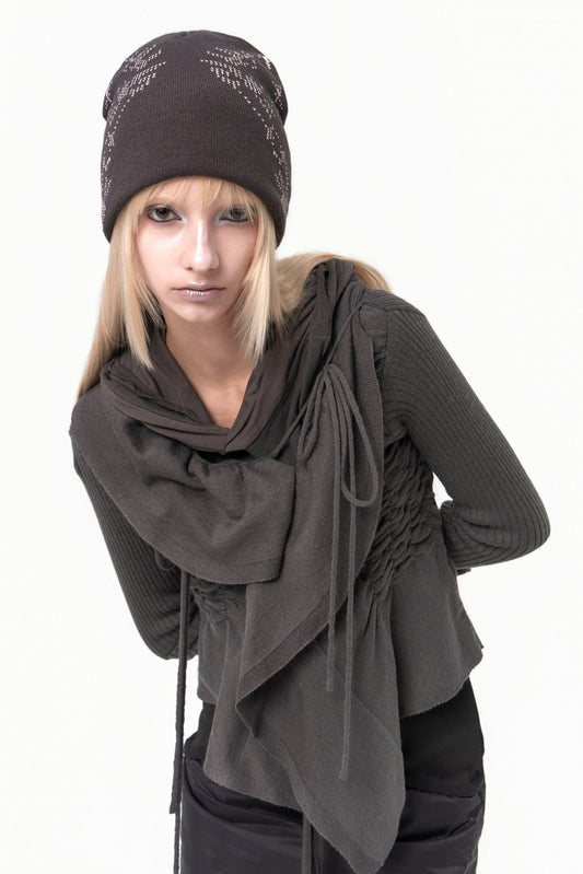 OJOS RUFFLED DRAPE ANGORA CARDIGAN CHARCOAL