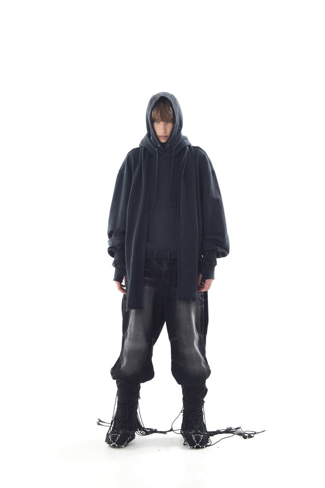 DYED RAW-EDGED HOODIE WITH LINEN MUFFLER BLACK