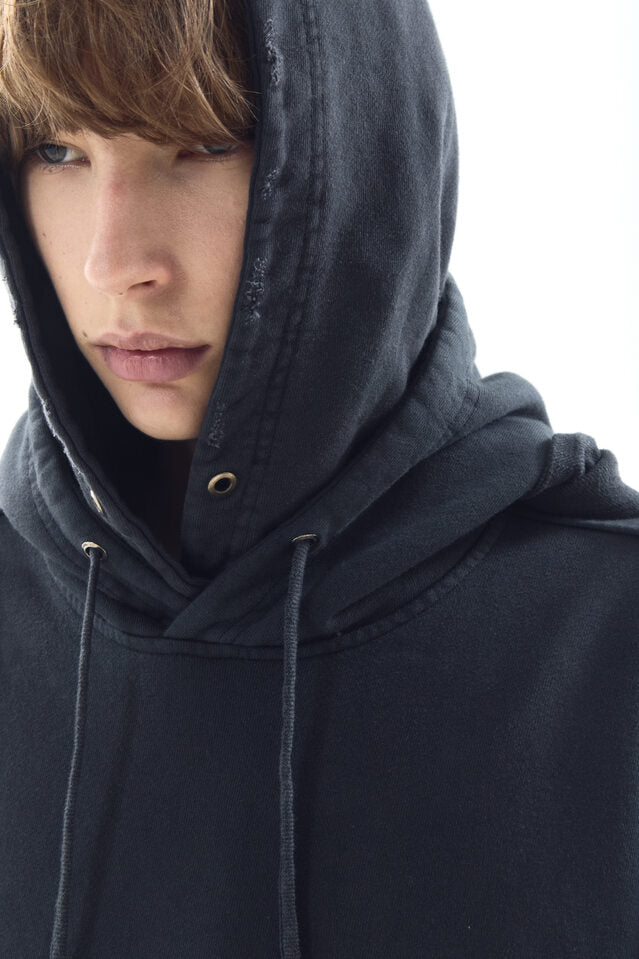 DYED RAW-EDGED HOODIE WITH LINEN MUFFLER BLACK