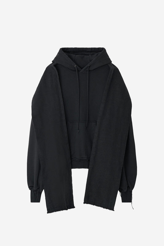 DYED RAW-EDGED HOODIE WITH LINEN MUFFLER BLACK