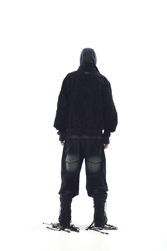 WIDE HEAVY WASHING WITH LEATHER PANTS