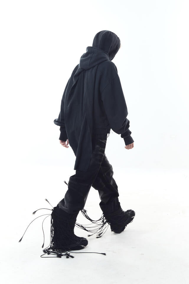 DYED RAW-EDGED HOODIE WITH LINEN MUFFLER BLACK