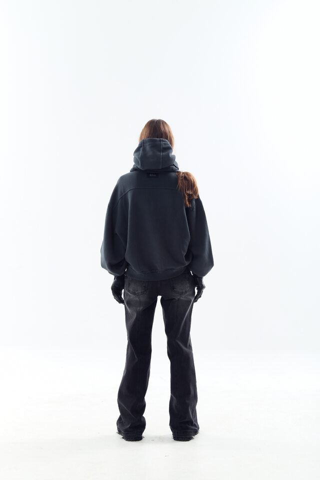 DYED RAW-EDGED HOODIE WITH LINEN MUFFLER BLACK