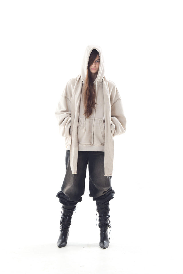 DYED RAW-EDGED HOODIE WITH LINEN MUFFLER IVORY