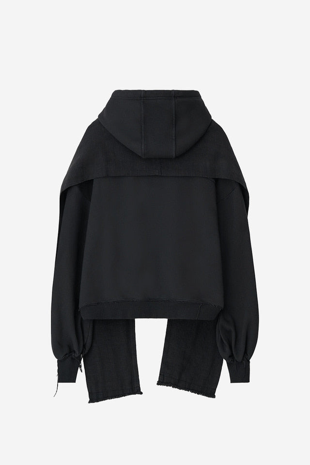 DYED RAW-EDGED HOODIE WITH LINEN MUFFLER BLACK