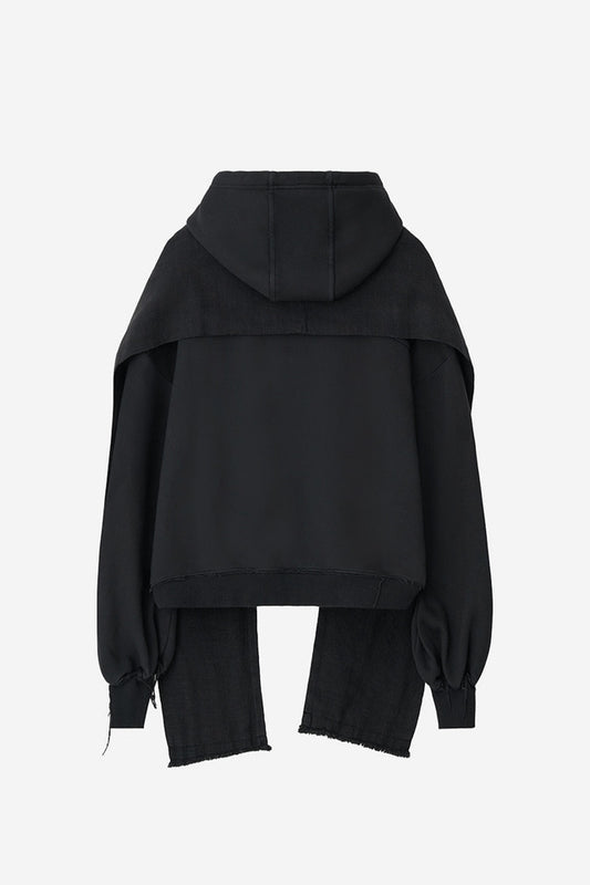 DYED RAW-EDGED HOODIE WITH LINEN MUFFLER BLACK