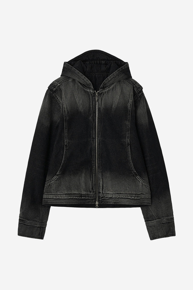 BLEACHED DENIM HOODIE ZIP-UP JACKET
