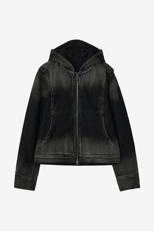 BLEACHED DENIM HOODIE ZIP-UP JACKET