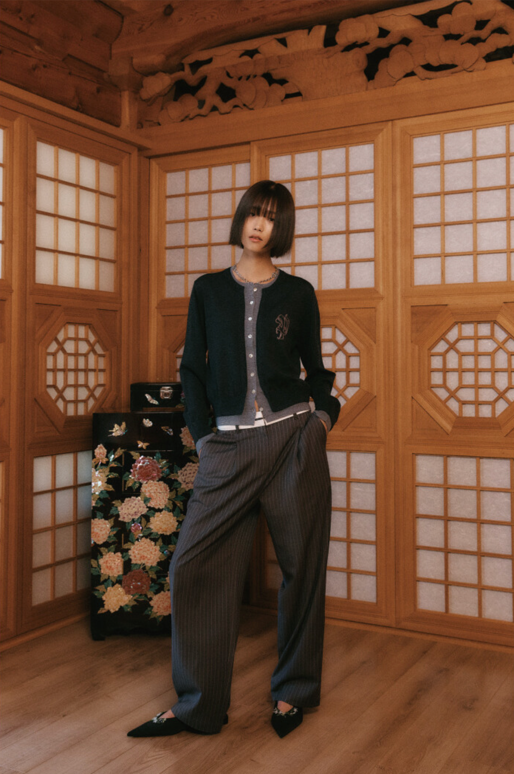 STRIPED WOOL BLEND PANTS