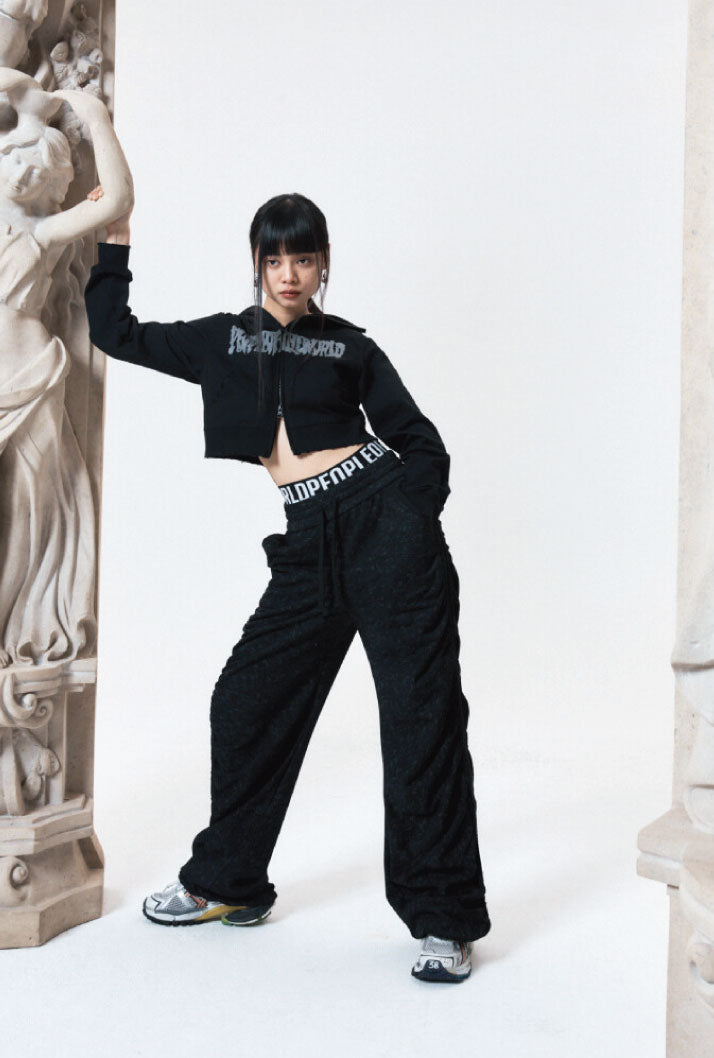 PEOPLE OF THE WORLD CROPPED LOGO HOODIE ZIP-UP BLACK