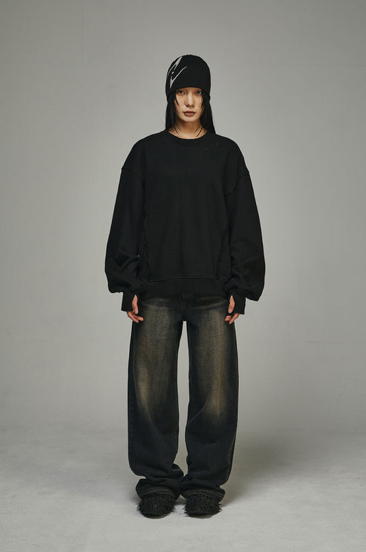 BLR OVER FIT RAW CUT LINE SWEATSHIRTS BLACK