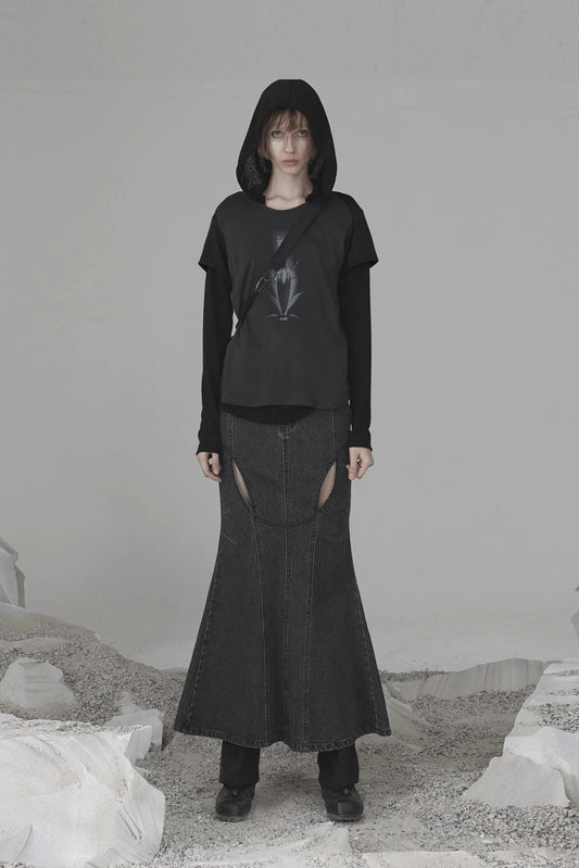 OJOS MERMAID SLIT DENIM SKIRT CHARCOAL