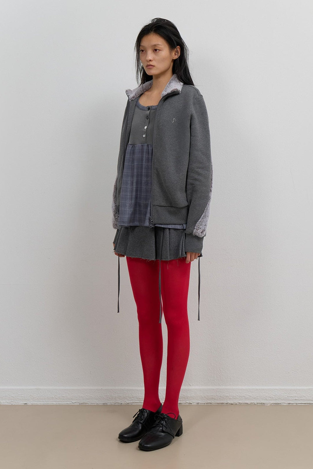 FUR TRIM JERSEY ZIP-UP - CHARCOAL