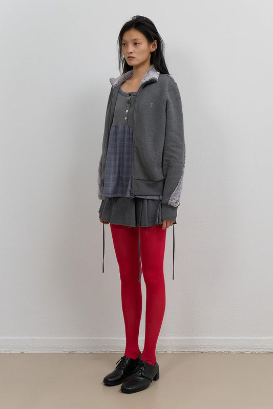 FUR TRIM JERSEY ZIP-UP - CHARCOAL