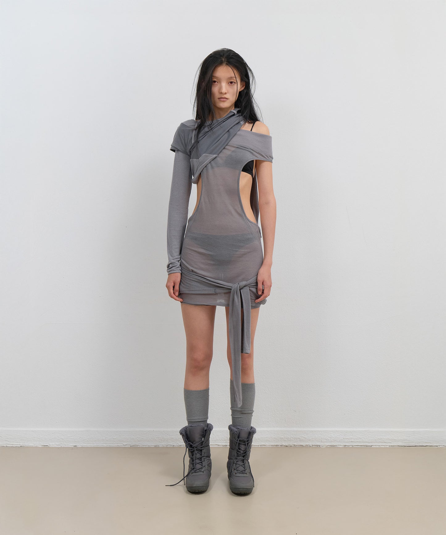 CURVED CUT LAYERED TEE - CHARCOAL