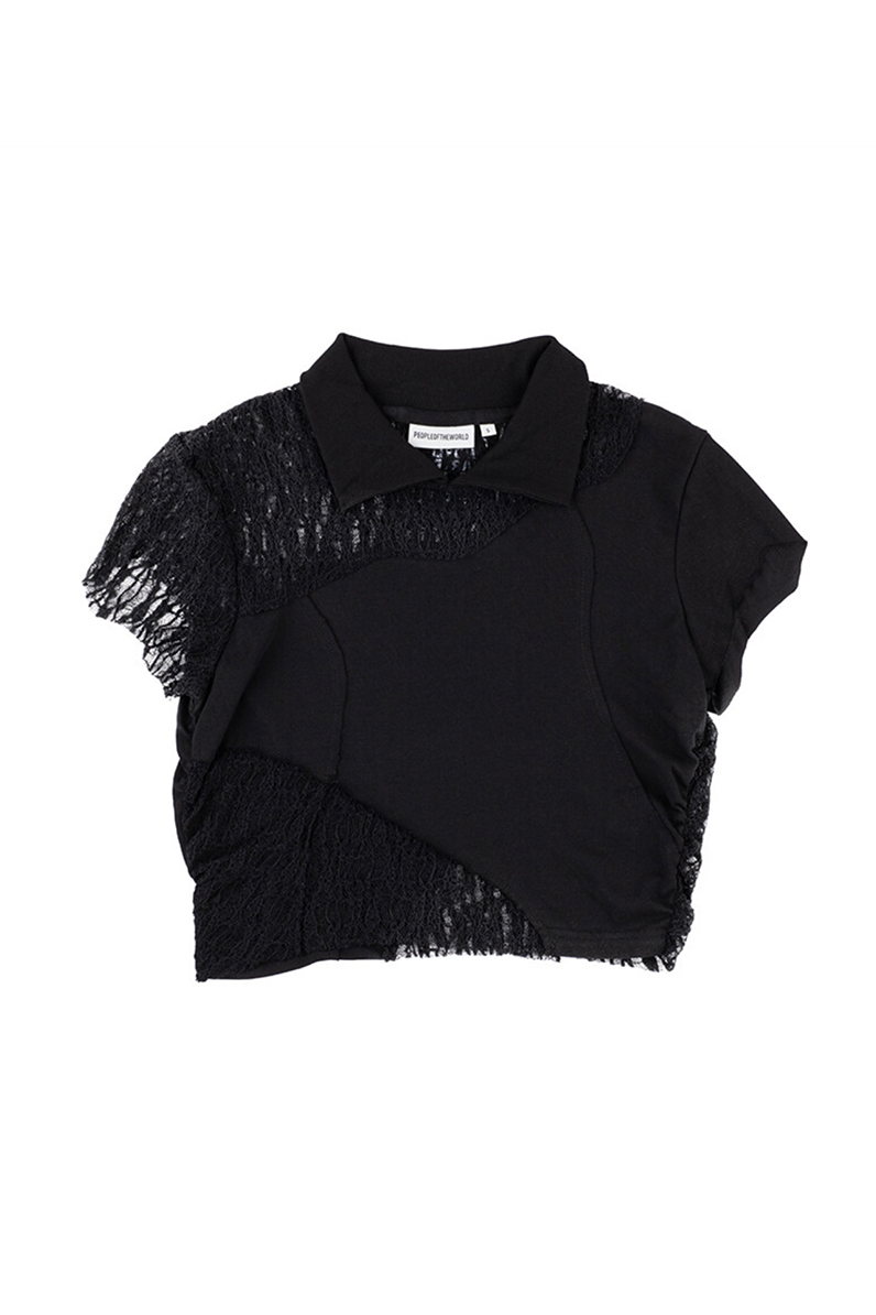 SIDE SHIRRING COTTON LACE CROP TEE