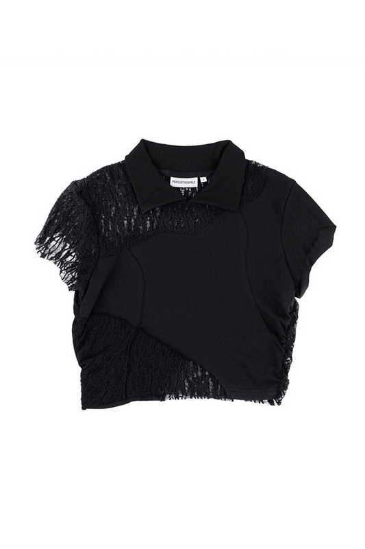 SIDE SHIRRING COTTON LACE CROP TEE